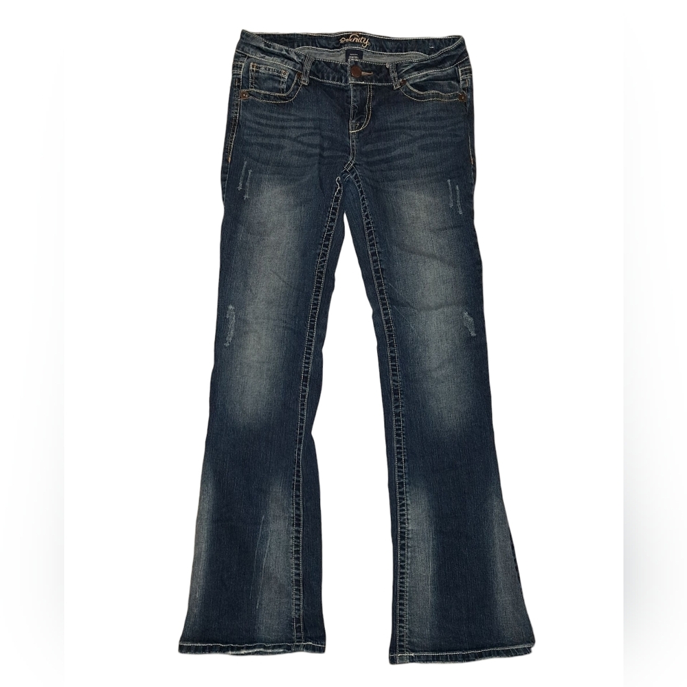 Vanity Flare Blue Y2K Jeans Dark Wash Faded 29Wx35L Mid Rise Hip Hugger Denim